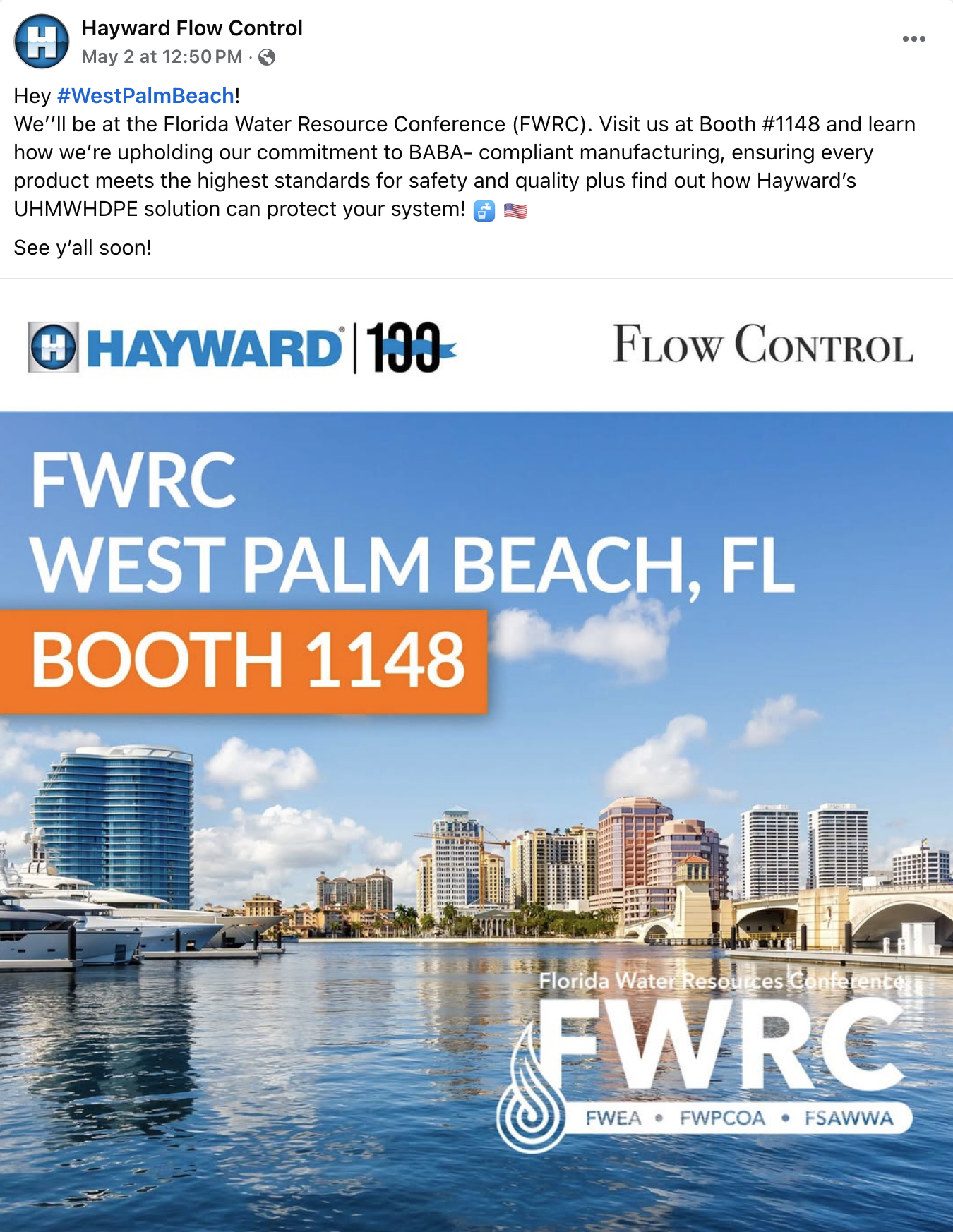 Hayward Flow Control social media post about a trade show.