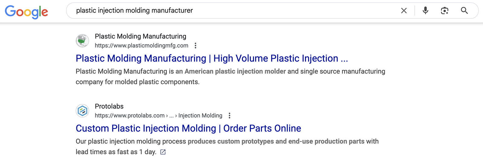 Google search results for plastic injection molding manufacturer.