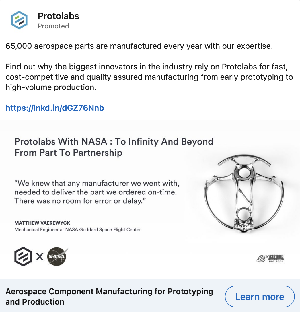 Protolabs LinkedIn ad with NASA partnership.