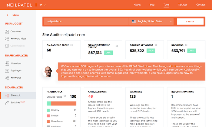 Neil Patel SEO Analyzer tool showing a site audit for neilpatel.com.