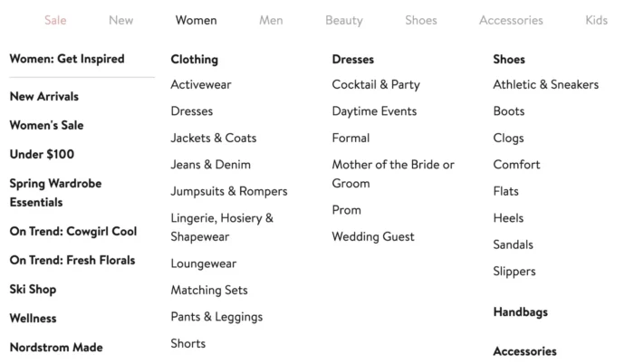 An example of hierarchical structure on the Nordstrom website.