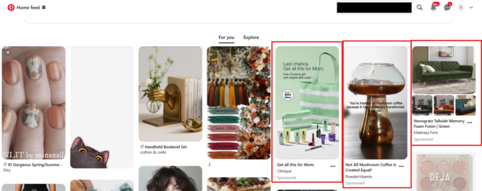 Pinterest home feed with red boxes to highlight the paid ads displayed.