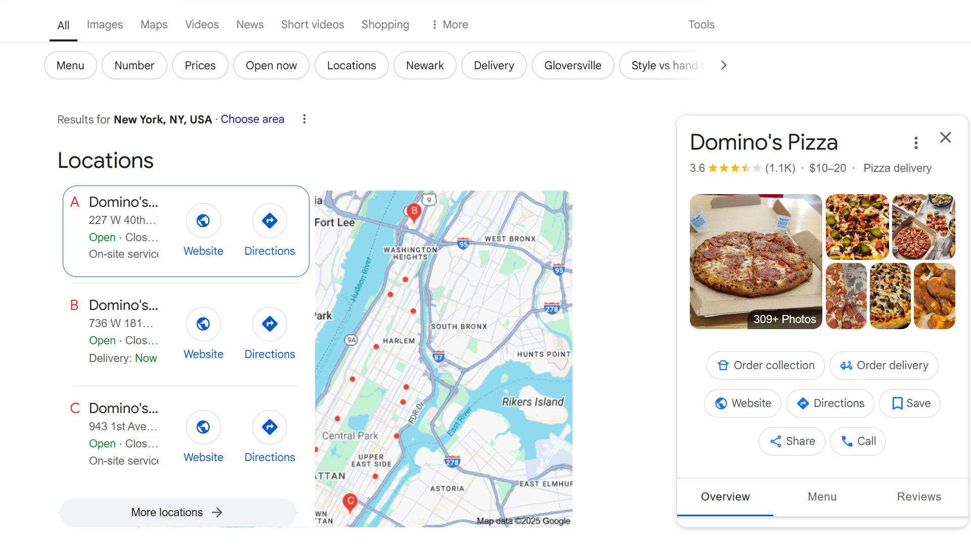 Location results for Domino's Pizza.