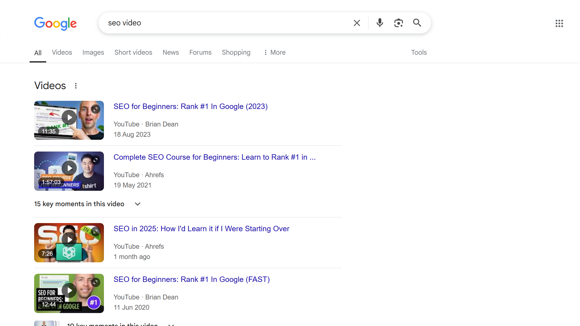 Search results for "SEO video."