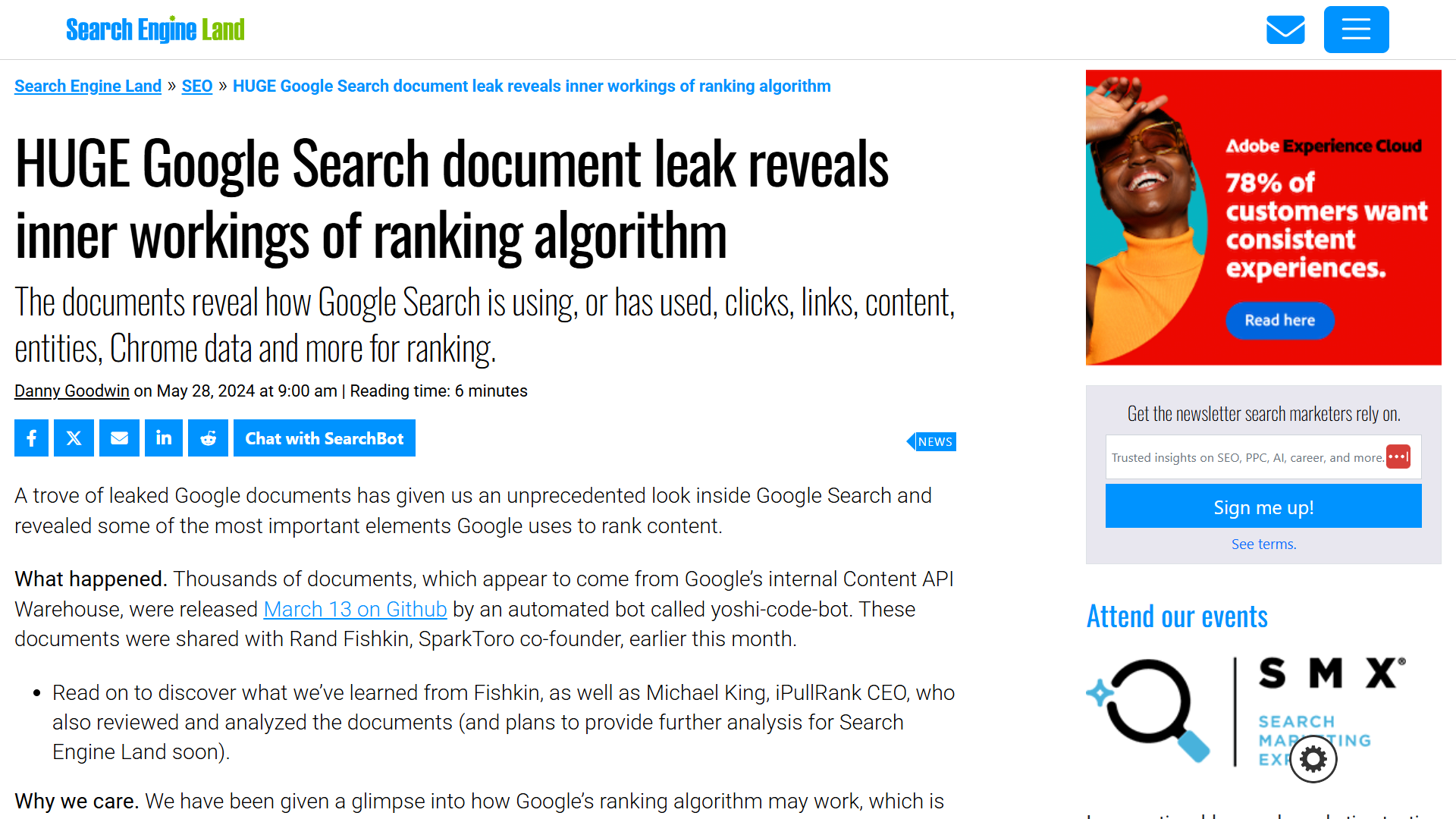 Search Engine Land article about a Google Search Document leak.