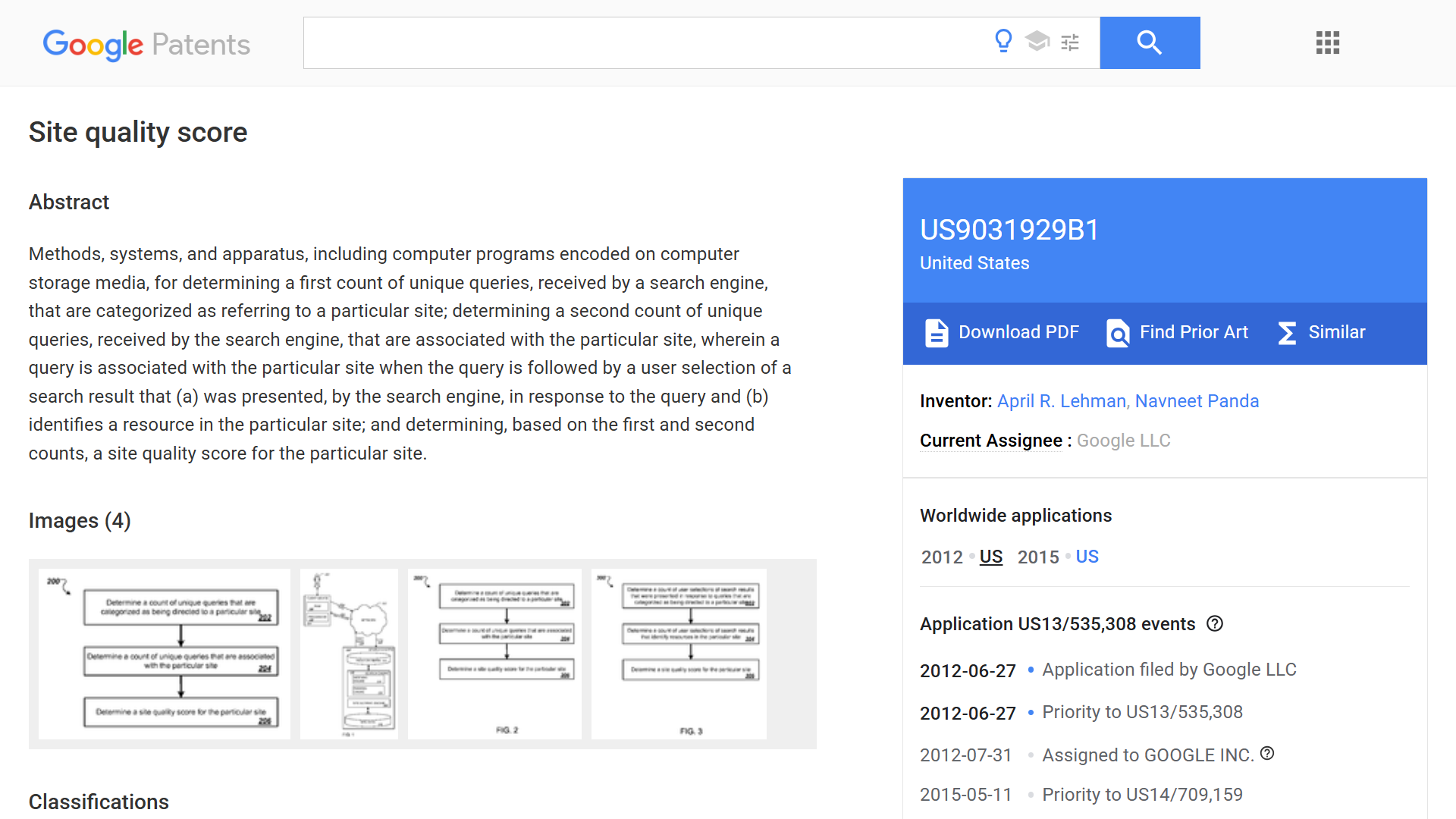 Google patent for site quality score.