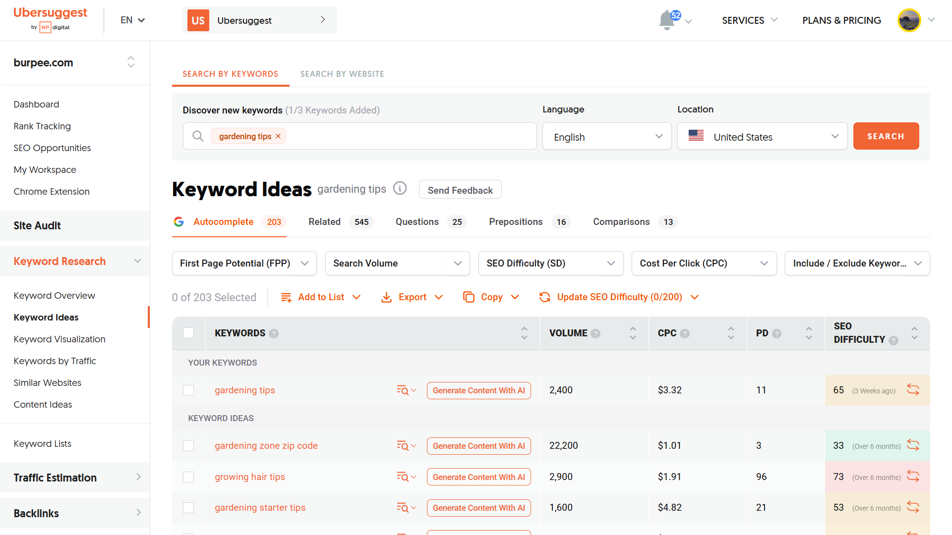 Ubersuggest keyword ideas page provides the monthly search volume and ranking difficulty of keywords.