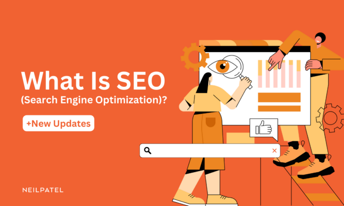 Orange illustration with a web browser, two people working, and text that reads "What Is SEO (Search Engine Optimization)? +New Updates."