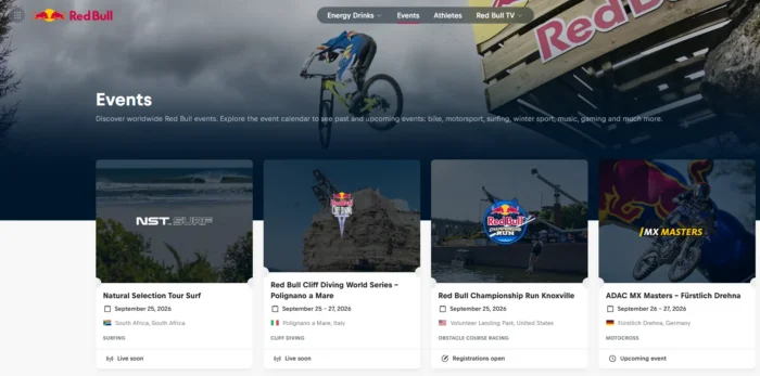 A screenshot of the events page on the Red Bull website.