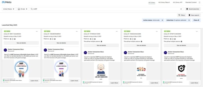 Meta search results for AARP ads