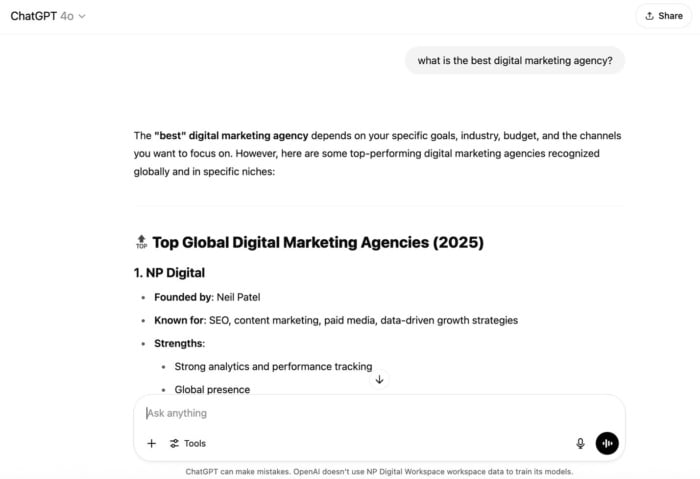 Screenshot of ChatGPT search asking “what is the best digital marketing agency?”