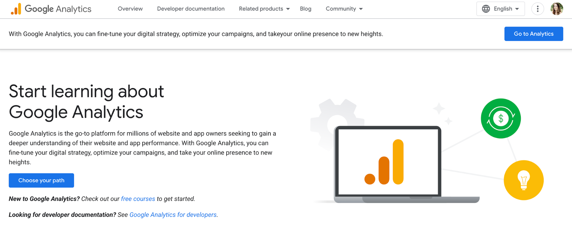 Google Analytics choose your path landing page.