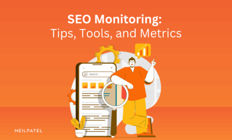 Illustration of a person standing next to a cell phone with text that reads "SEO Monitoring: Tips, Tools, and Metrics."