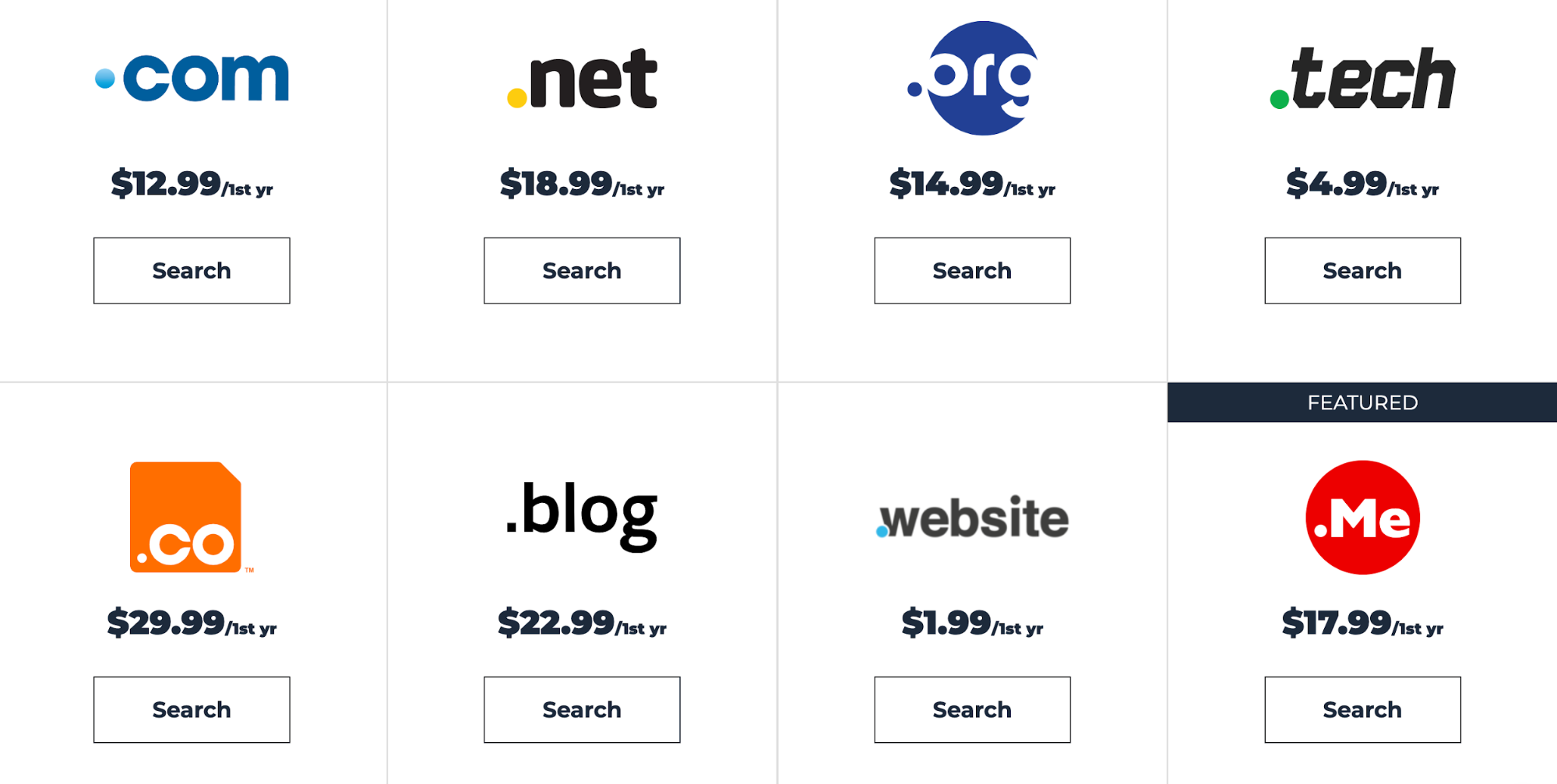 Types of domains available from Bluehost with prices for each.