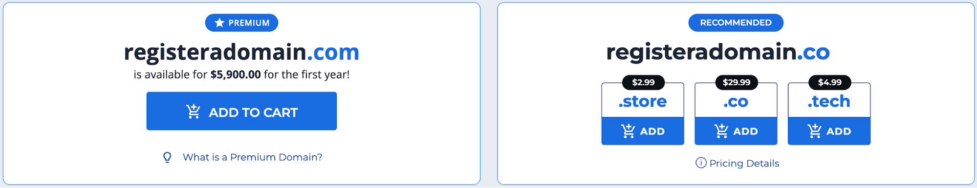 Cost differences for domain types to purchase "registerdomain."