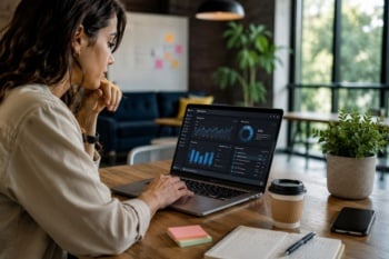 Profissional analisando métricas de desempenho e visibilidade relacionadas a SEO para IAs em um notebook.