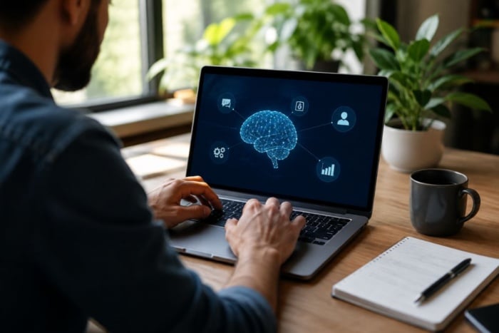 Profissional utilizando notebook com recursos de inteligência artificial para desenvolver estratégias de SEO para IAs.