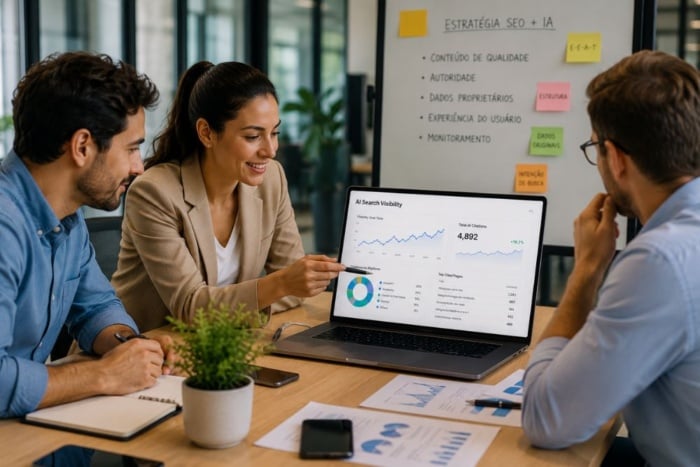 Equipe de marketing analisa dados de visibilidade e discute estratégias de SEO para IAs e busca generativa.