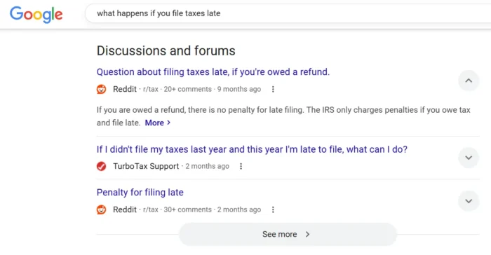 Reddit Discussions and Forums results in Google with "What happens if you file taxes late."