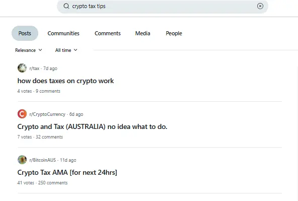 Reddit search results for "Crypto Tax Tips."