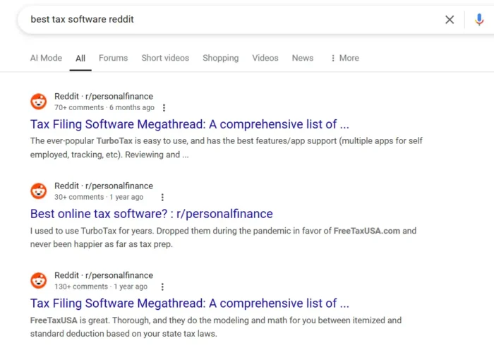 A search for "Best Tax Software Reddit."