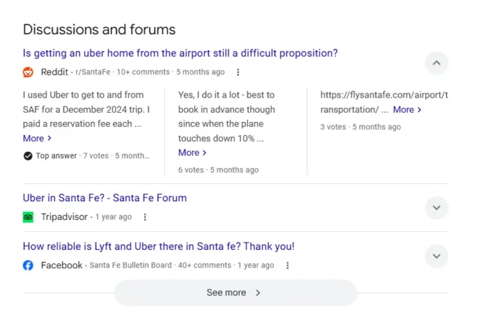 Reddit visibility in the "Discussions and forums" tab in Google.