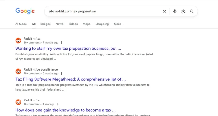 A Reddit site search for tax preparation.