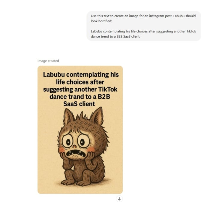 A social chatbot interaction creating an Instagram ad for Labubu.