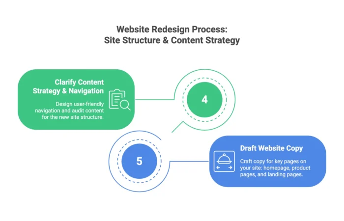 A graphic detailing site structure and content strategy parts of the website redesign process.