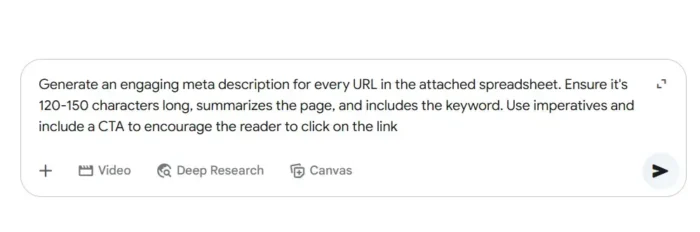 An AI prompt directing the platform to write meta descriptions at scale for your pre-loaded spreadsheet of pages that are missing them. 