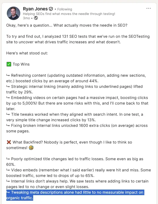 A LinkedIn post from Ryan Jones stating, “Tweaking meta descriptions alone had little to no measurable impact on organic traffic.”