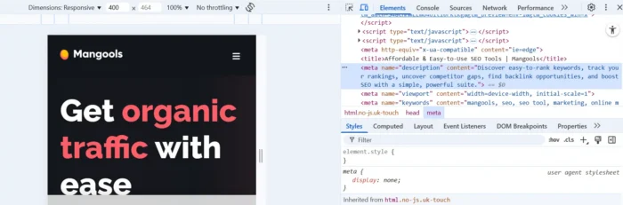 A screenshot of Google Chrome’s browser DevTools displaying the meta description for Mangools’ homepage within its source code. 