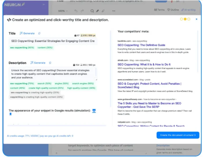 NEURONWriter’s metadata interface enables you to quickly optimize your page title and meta description, and use their snippet simulator to see how you’ll show up in Google.