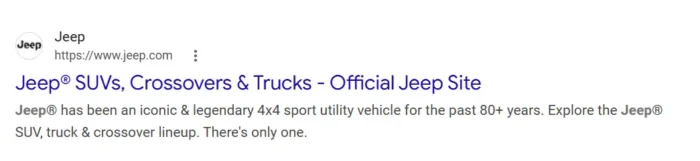 Google search result showing an official Jeep website link for SUVs, crossovers, and trucks.