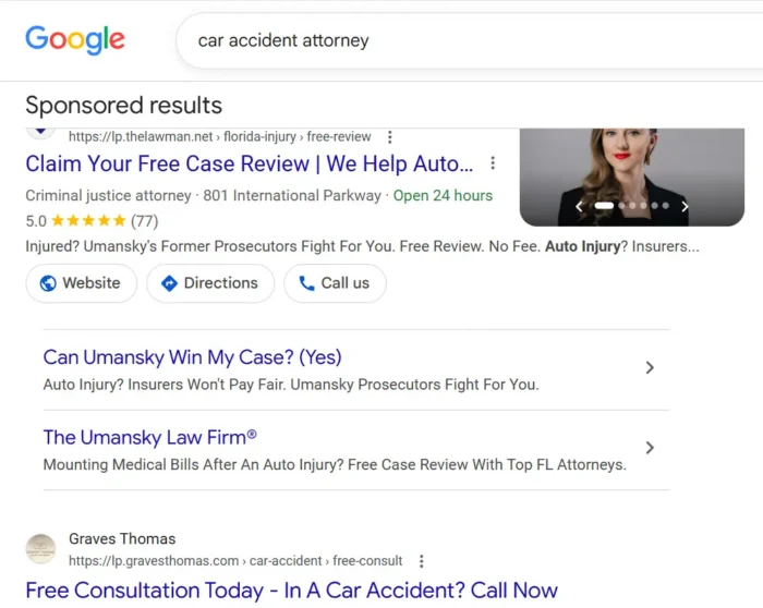 : Google’s sponsored results for “car accident attorney” show two competing law firms landing on very similar language around offering a free consultation or case review.