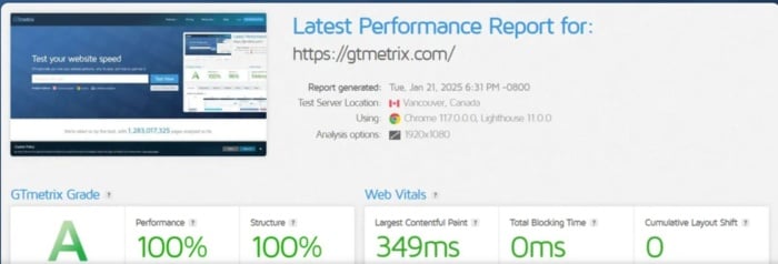 GTMetrix's interface.