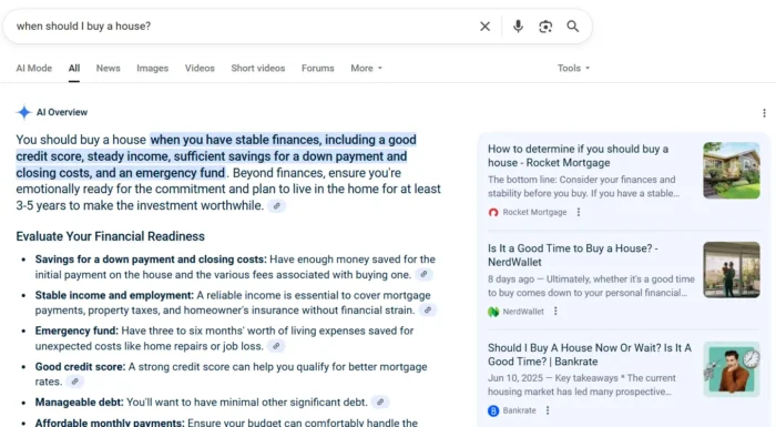An AI overview result for "When should I buy a house?"