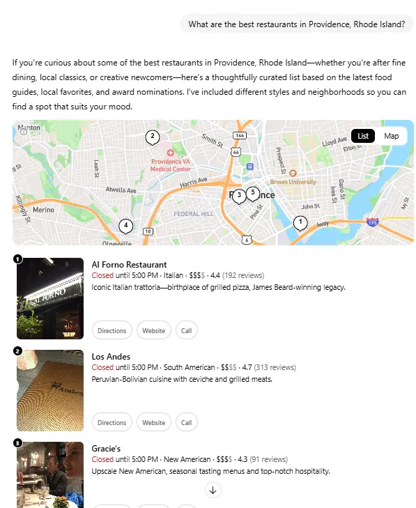 A ChatGPT response asking for restaurants in Providence, Rhode Island.