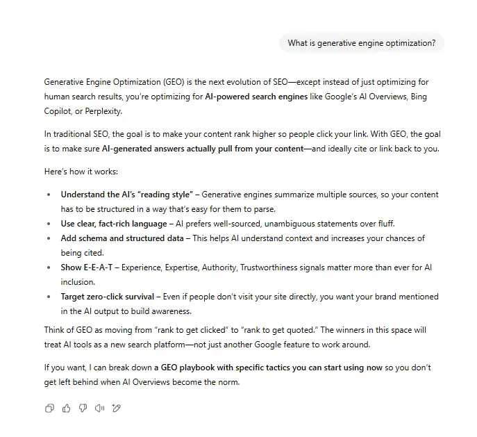 A ChatGPT response for generative engine optimization.