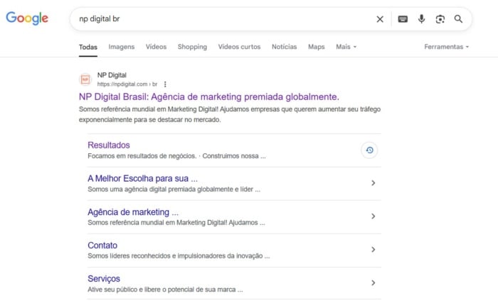 recursos de SERP: sitelinks
