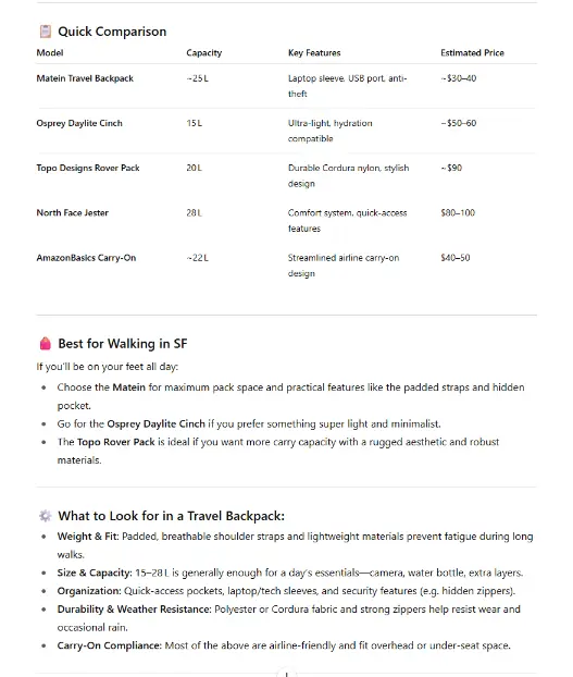 Comparison tables on backpacks in a ChatGPT response.