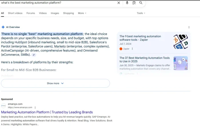 AI overviews and Sponsored ads in Google.
