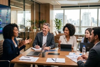 Uma equipe de cinco profissionais em uma das melhores agências de marketing digital do Brasil em uma reunião colaborativa e produtiva dentro de um escritório moderno.