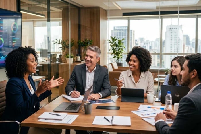 Uma equipe de cinco profissionais em uma das melhores agências de marketing digital do Brasil em uma reunião colaborativa e produtiva dentro de um escritório moderno.