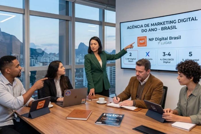 Profissionais de uma das melhores agências de marketing do Brasil analisando uma lista oficial de "Agência de Marketing Digital do Ano" em um monitor. 