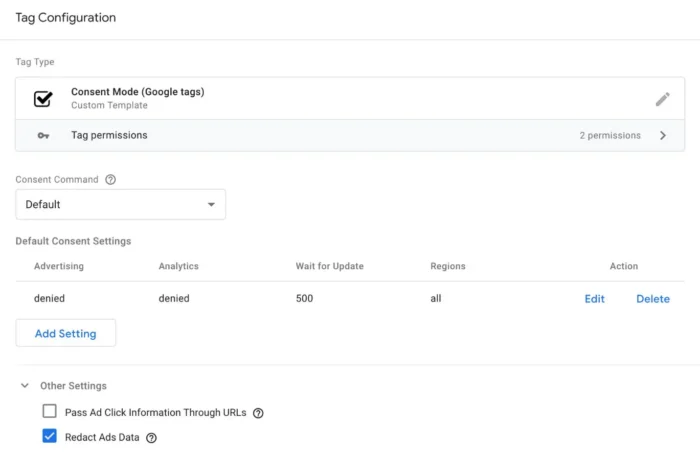 Mode consentement dans Google Tag Manager.