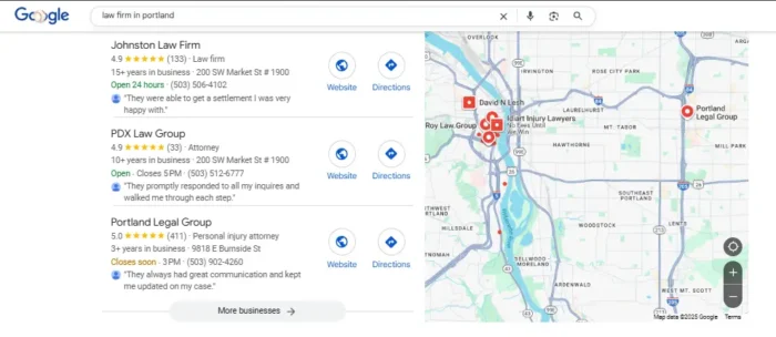 Results in Google for "Law Firm in Portland."