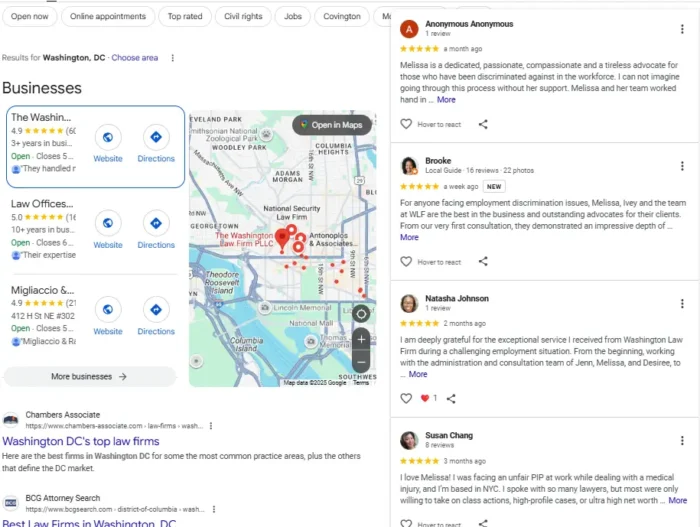 Examples of testimonials on a law firm's Google Business Profile.