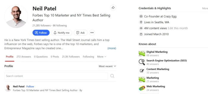 Neil Patel's profile on Quora.