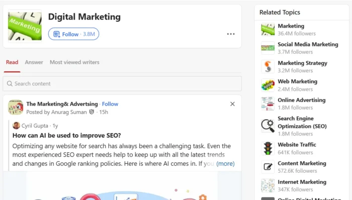 The digital marketing section on Quora.